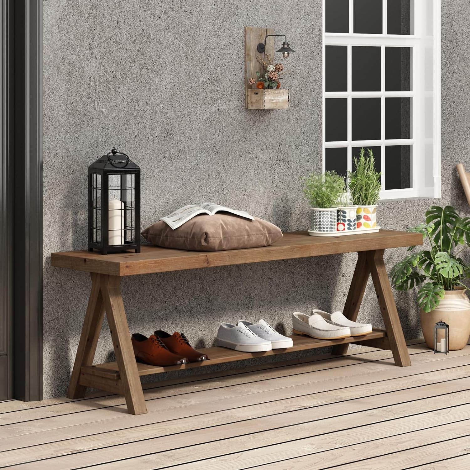 RowyPoey 51' Solid Wood Bench, Long Farmhouse Entryway Bench with Storage Shelf, Triangular Leg Design, Narrow Rustic Benches for Hallway, Bedroom, Dining, Kitchen