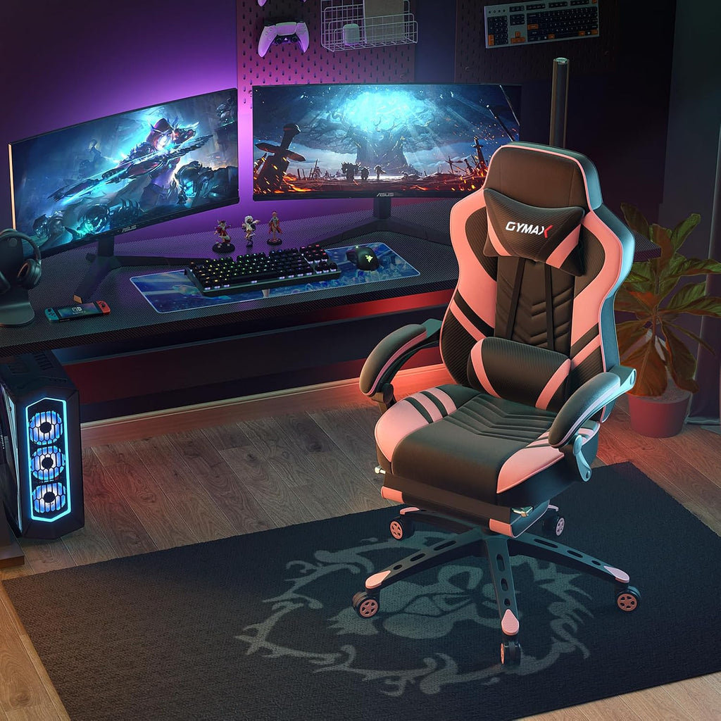 POWERSTONE Gaming Chair Video Game Chair with Footrest and Lumbar Support Racing Style PU Leather Computer Chair Ergonomic Adjustable Swivel Task Chair Pink