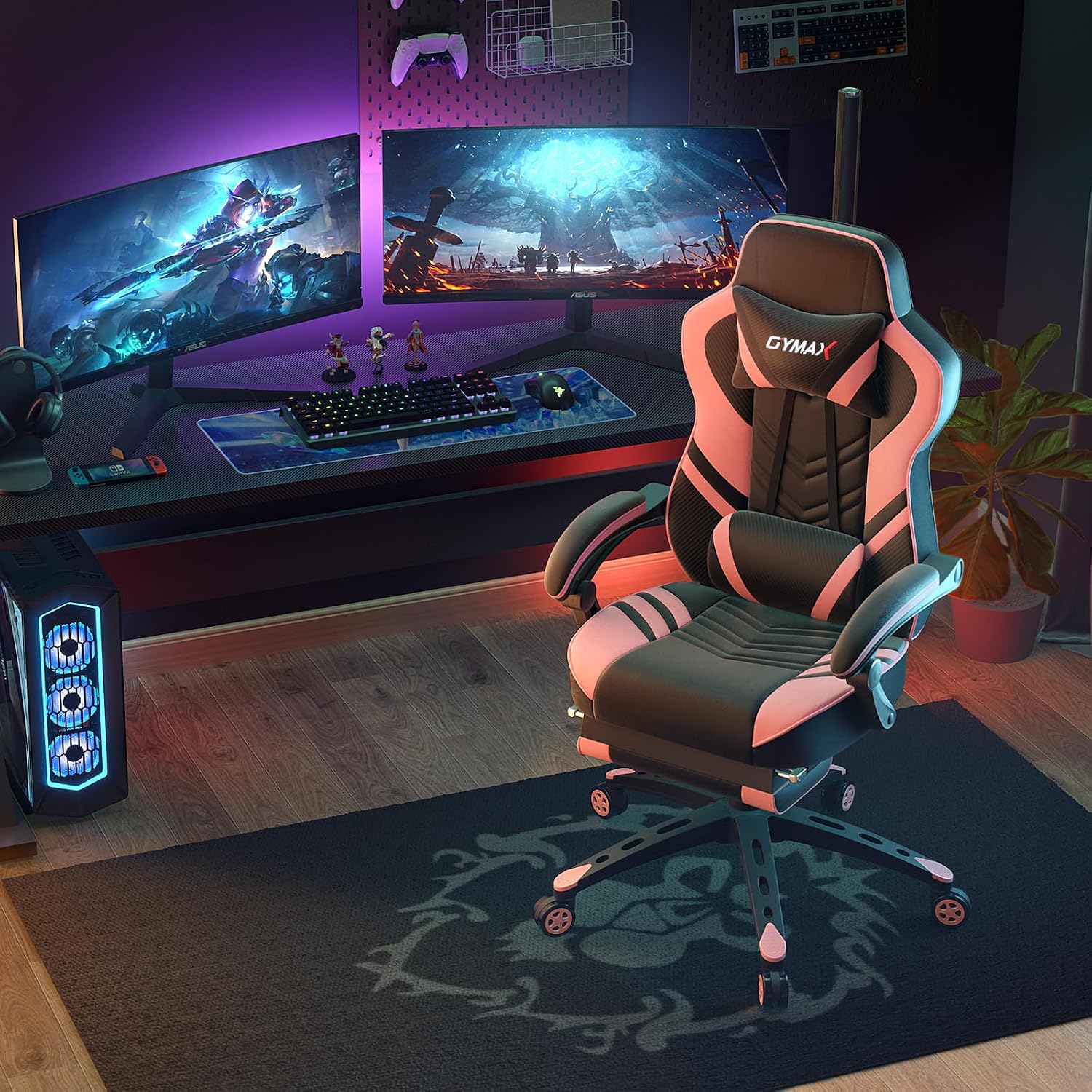 POWERSTONE Gaming Chair Video Game Chair with Footrest and Lumbar Support Racing Style PU Leather Computer Chair Ergonomic Adjustable Swivel Task Chair Pink