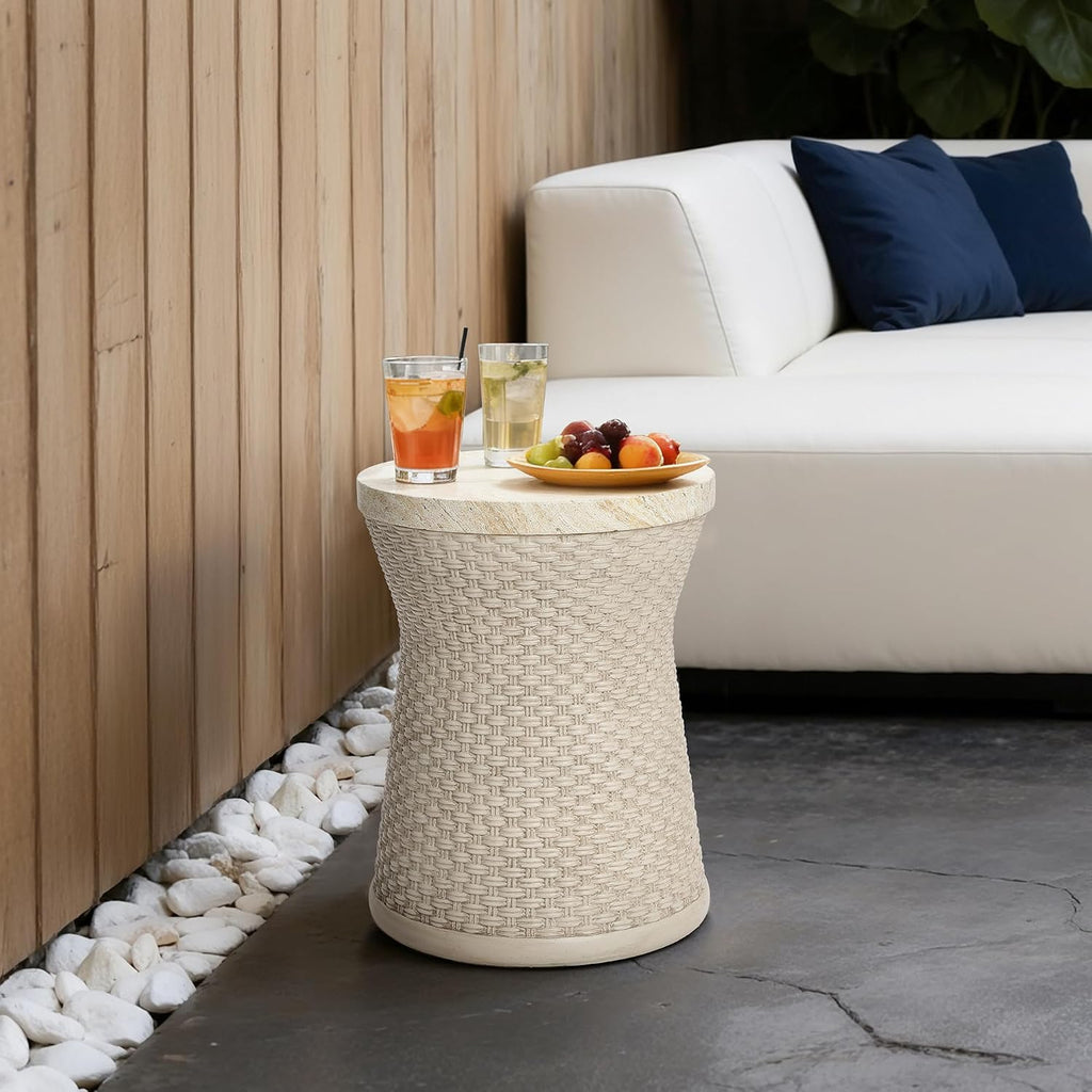 LuxenHome 18.5' Woven Texture Outdoor Side Table with Storage, Round Patio Table with Ice Bucket for Garden, Balcony