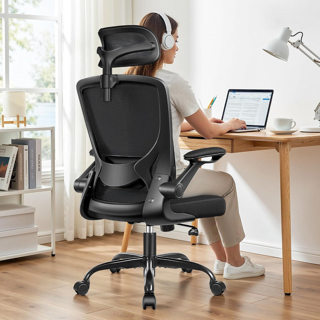 BESTFAIR Office Chair Ergonomic Desk Chair, Breathable Mesh Office Chairs with Adjustable Lumbar Support, Flip-Up Arms, Computer Desk Chair Comfy for Home Office, 4 Pack