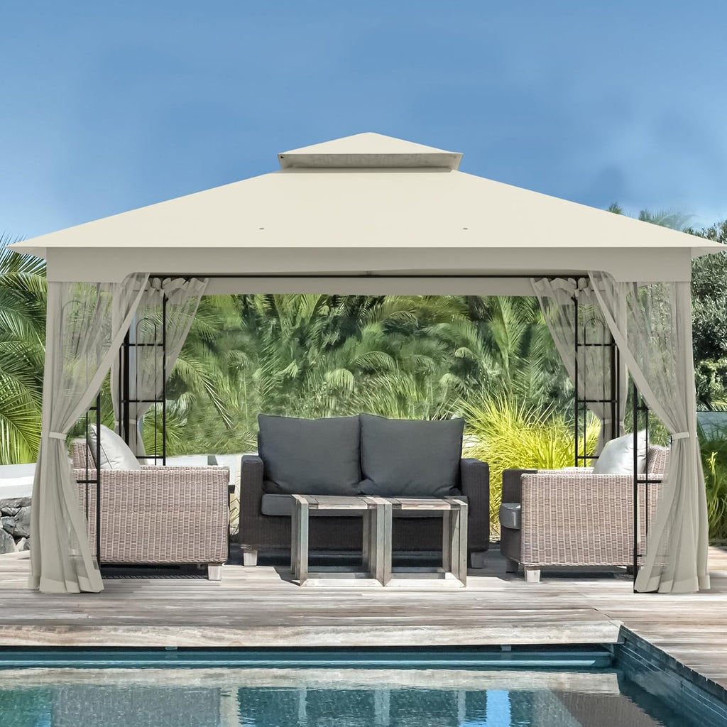 EAGLE PEAK Patio Gazebo with Mesh Netting 13x11 at Top 12x10 Footprint, Soft Top Outdoor Pavilion for Backyard, Deck, Lawn and Garden, Beige