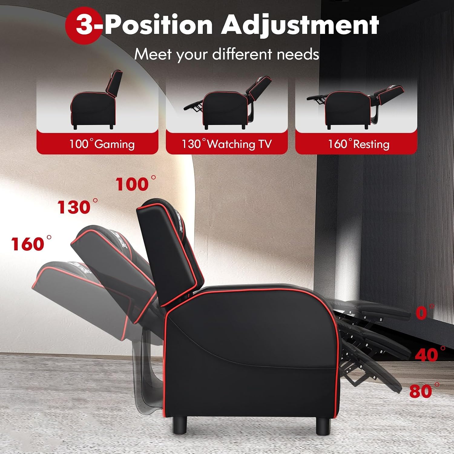 GYMAX Gaming Recliner, Massage Gaming Chair with Adjustable Footrest, Remote Control & Side Pocket, Ergonomic Game Lounge Chair, Racing Style Single Theater Seat Game Sofa for Adults (Red)