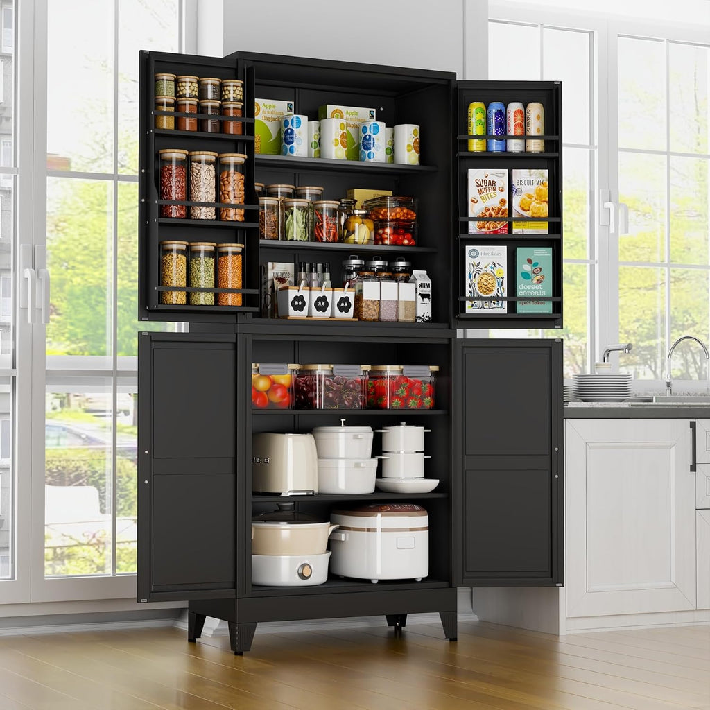 Black Pantry Storage Cabinet, 75' Kitchen Pantry with Doors and 3 Adjustable Shelves, Metal Freestanding Buffet Cupboards Sideboard, for Office, Home, Garage, School