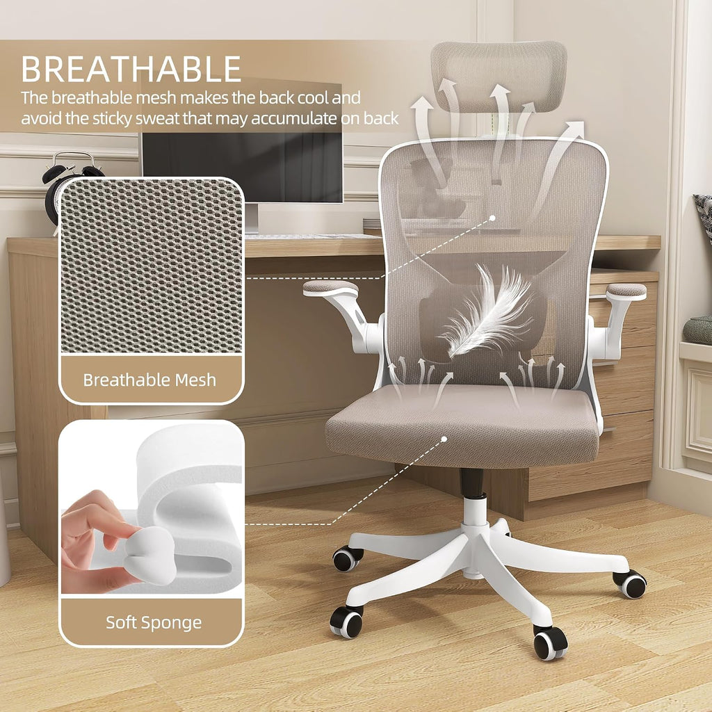 Monhey Ergonomic Office Chair, 90°-125° Tilt Back Home Desk Chair with 360° Swivel & Mute Wheels, High Back Mesh Computer Chair for Adults with Lumbar Support, 330 LBS Capacity (04White+Khaki)