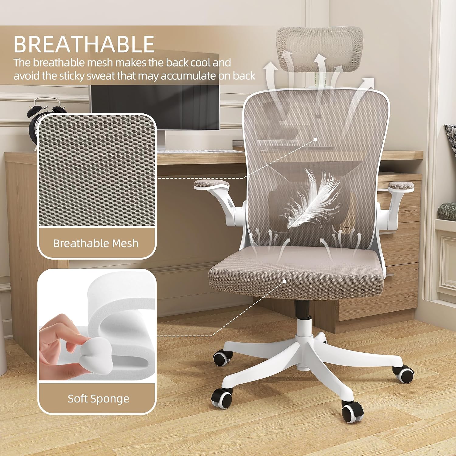 Monhey Ergonomic Office Chair, 90°-125° Tilt Back Home Desk Chair with 360° Swivel & Mute Wheels, High Back Mesh Computer Chair for Adults with Lumbar Support, 330 LBS Capacity (04White+Khaki)