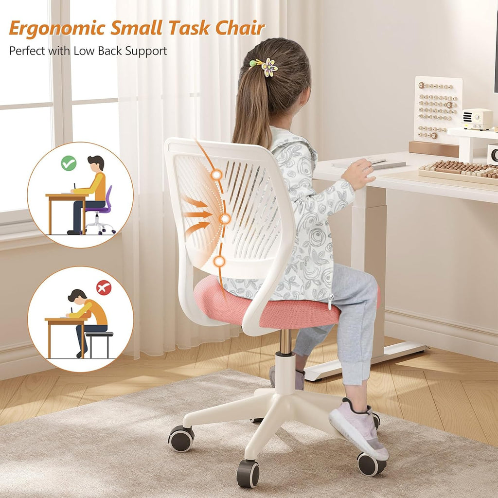 Armless Desk Chair Swivel Office Rolling Chair with Soft Padded Cushion, Height Adjustable Small Task Chair, Ergonomic Study Computer Chair for Kids Girls Boys Teens (Pink, 4PCS)