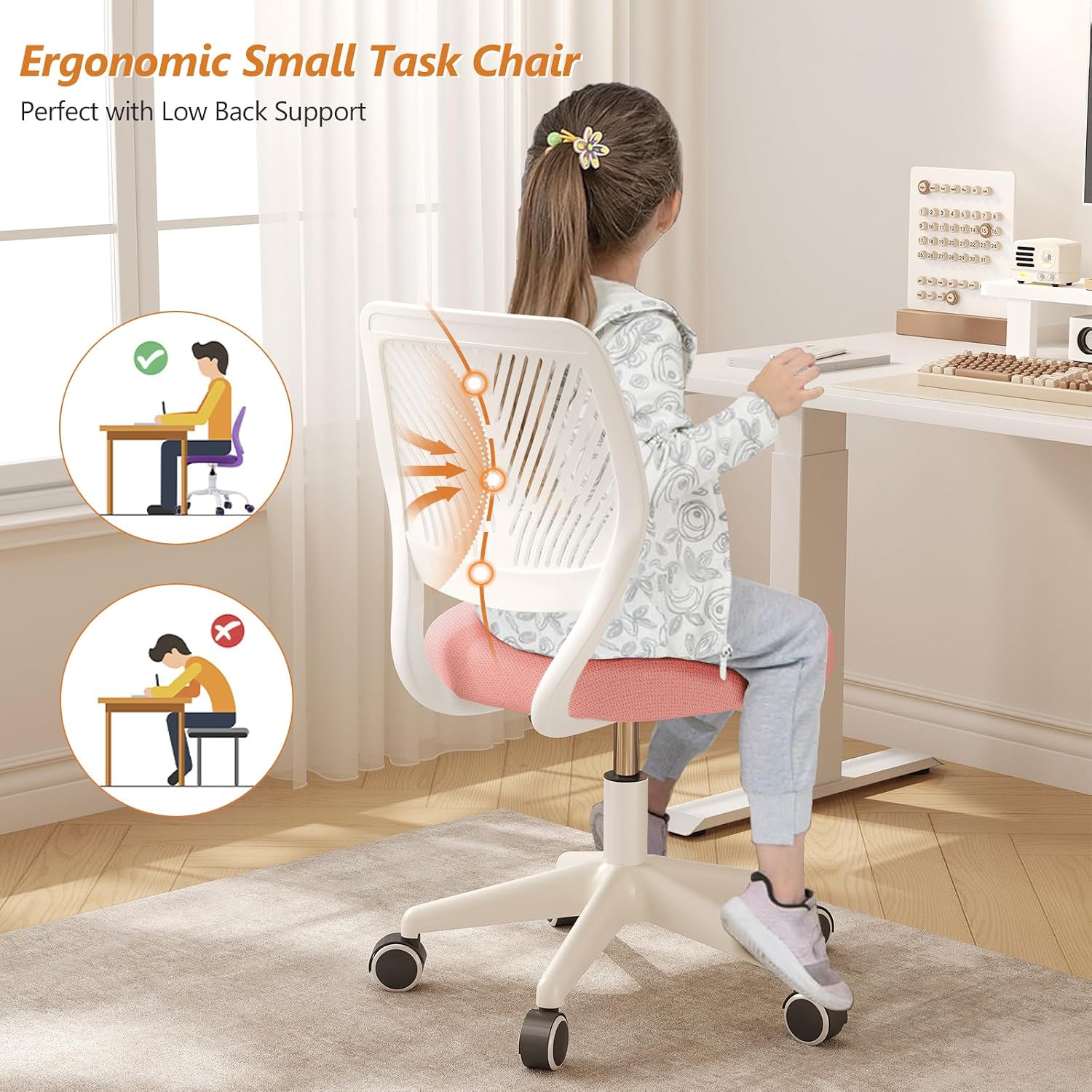 Armless Desk Chair Swivel Office Rolling Chair with Soft Padded Cushion, Height Adjustable Small Task Chair, Ergonomic Study Computer Chair for Kids Girls Boys Teens (Pink, 4PCS)