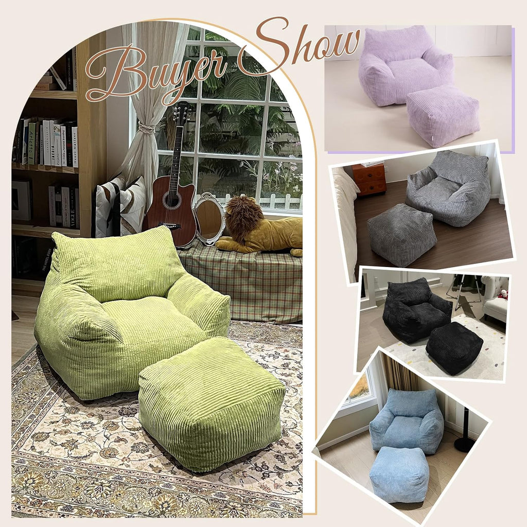 INMOZATA Bean Bag Chair, Beanbag Chair with Ottoman, Cloud Boneless Couch for Adults & Teens, Oversized Memory Foam Beanbag Set, Plush Corduroy Lounge Sofa Gift (Green)