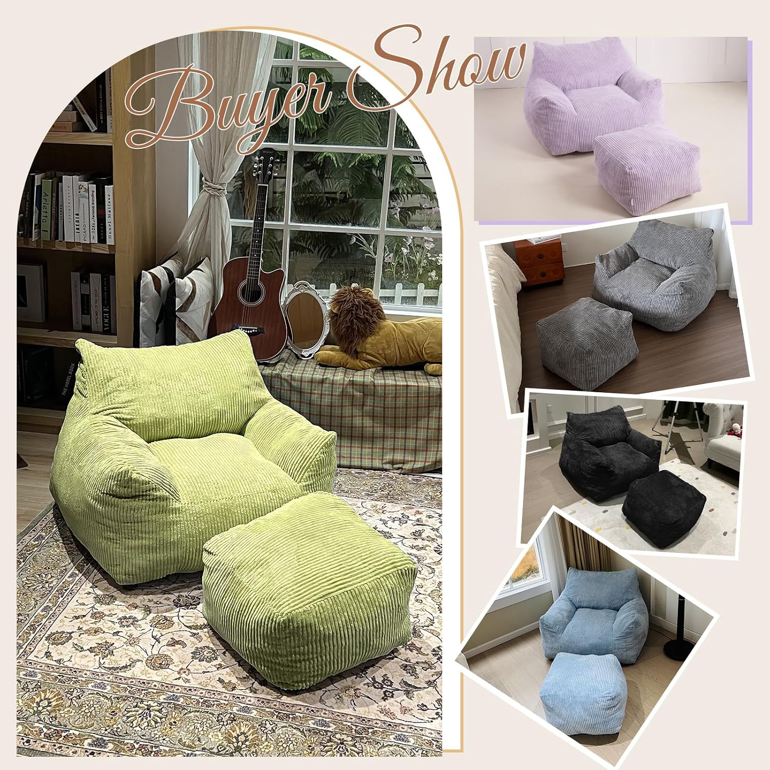 INMOZATA Bean Bag Chair, Beanbag Chair with Ottoman, Cloud Boneless Couch for Adults & Teens, Oversized Memory Foam Beanbag Set, Plush Corduroy Lounge Sofa Gift (Green)