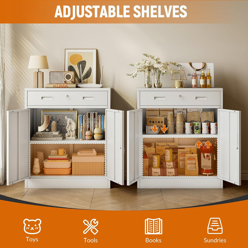 BESFUR Metal Garage Storage Cabinet with One Lockable Drawer 2 Locking Doors and an Adjustable Shelf, 36' White Metal Short Storage Cabinet for Home Office, Garage,School,Utility Room