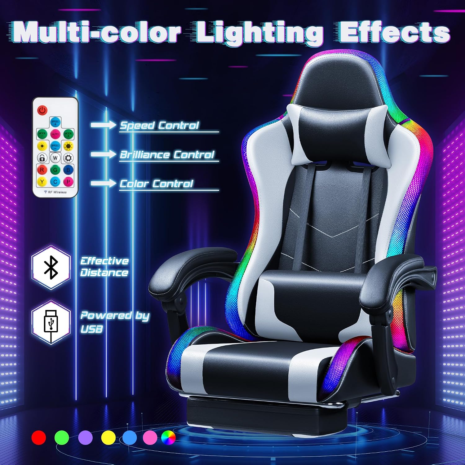 Shahoo Gaming Chair with LED Lights, Footrest and Massage Lumbar Support, Ergonomic Computer Seat Height Adjustable with 360°Swivel and Headrest, White with RGB