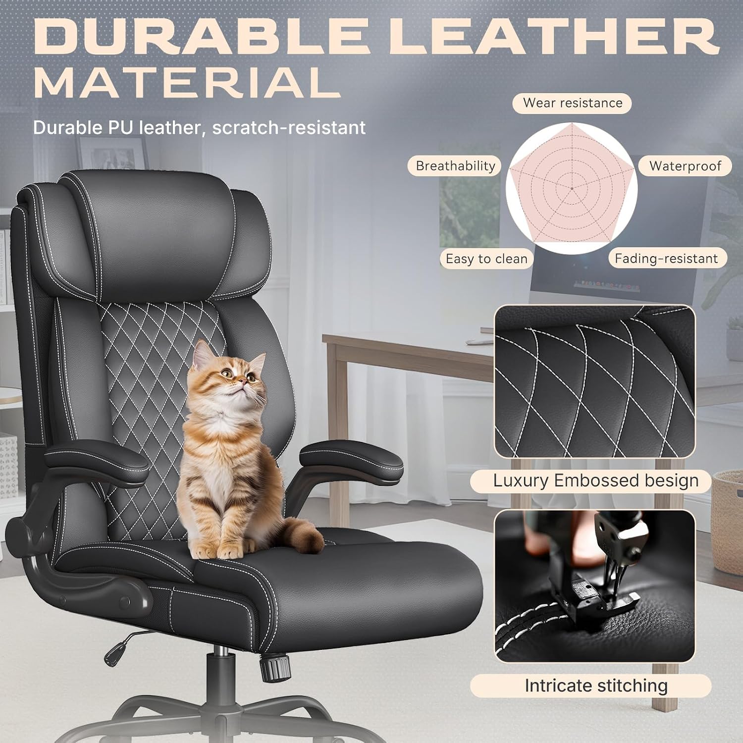 Office Chair-Executive High Back Breathable Big and Tall Office Chair Flip-up Armrests Lumbar Support-Ergonomic Leather Rolling Swivel Chair with Rock Function for Working Studying Gaming,Black