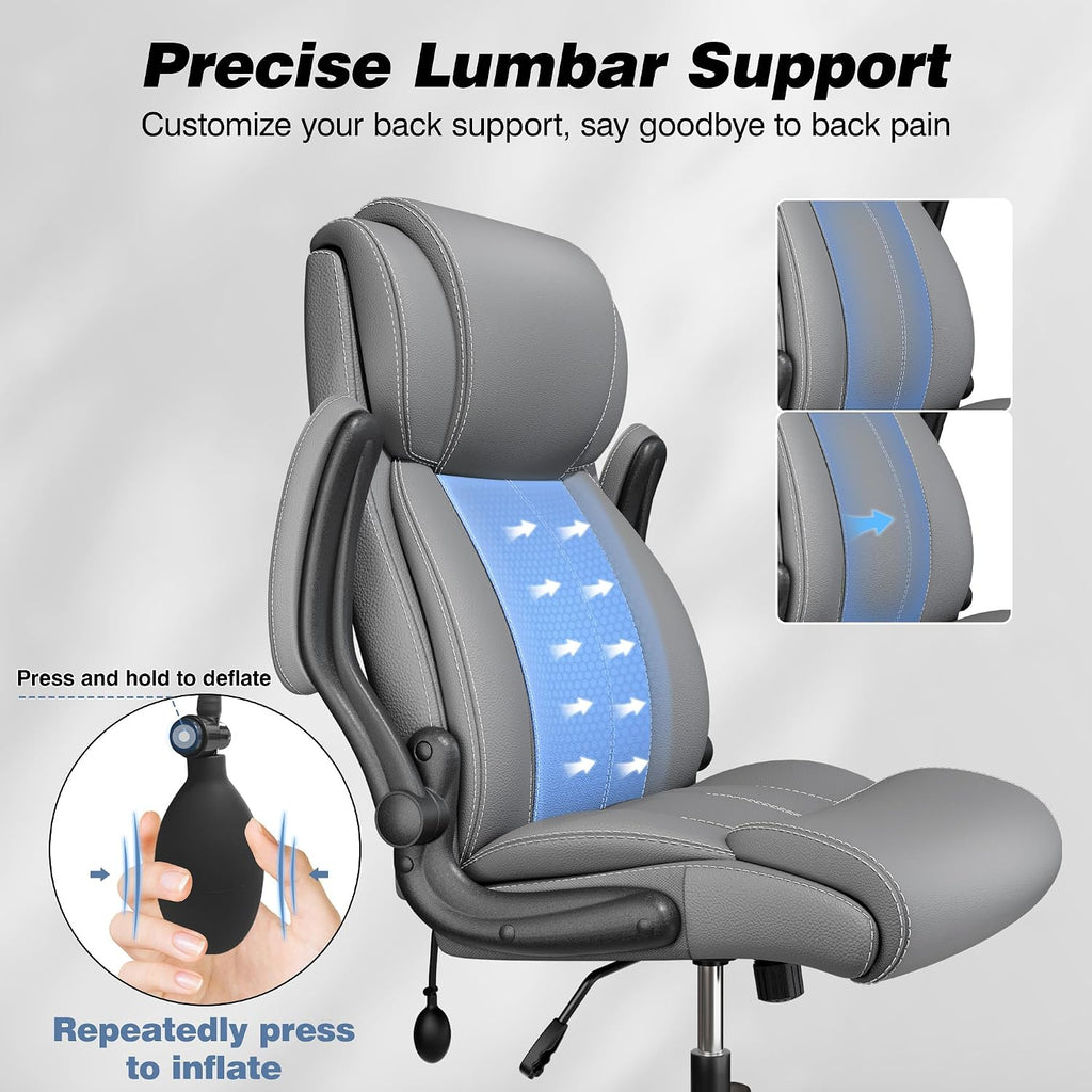 BESTFAIR Ergonomic Office Chair - Desk Computer Chair, Leather High Back Executive Chairs with Adjustable Lumbar Support for Adults, Rolling Swivel Tilt, Gray