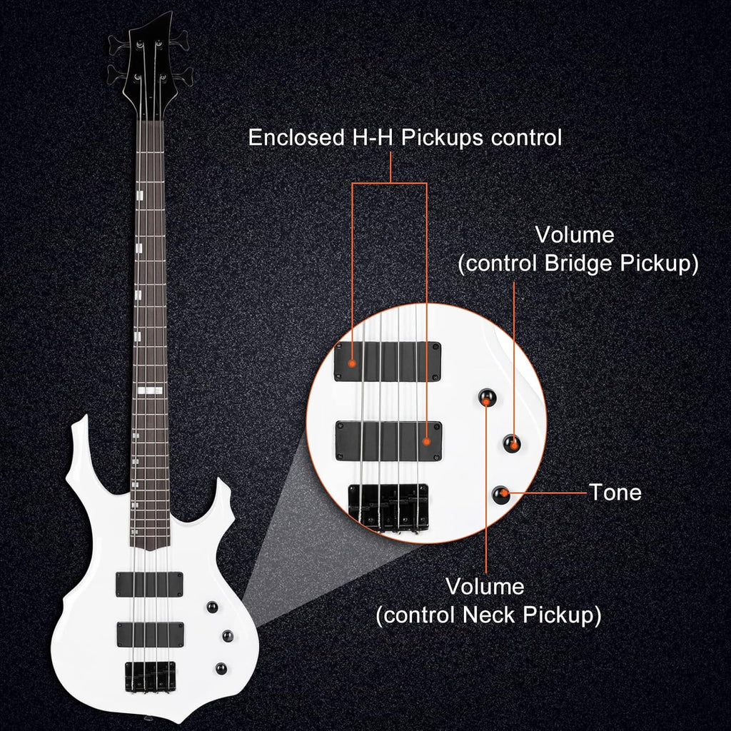Ktaxon Electric Bass Guitar Full Size Flame Design Bass Set with 20 Watt Amplifier, Portable Bass Bag, Superior Amp Wire, Adjustable Guitar Strap, Plectrum, Wrench Tool(White)