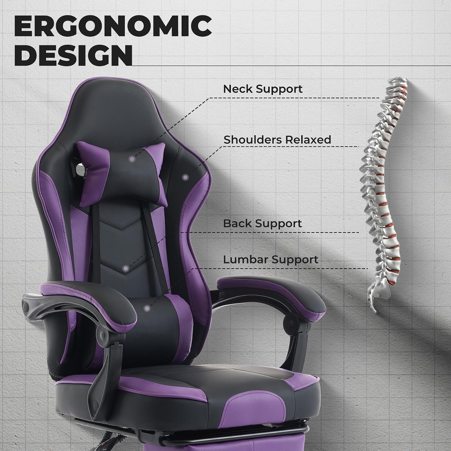 Gaming Chair with Footrest, Ergonomic Computer Chair with Headrest and Lumbar Support, Breathable Material Height Adjustable Swivel Video Game Chairs for Adults, 300lbs Max, Black & Purple