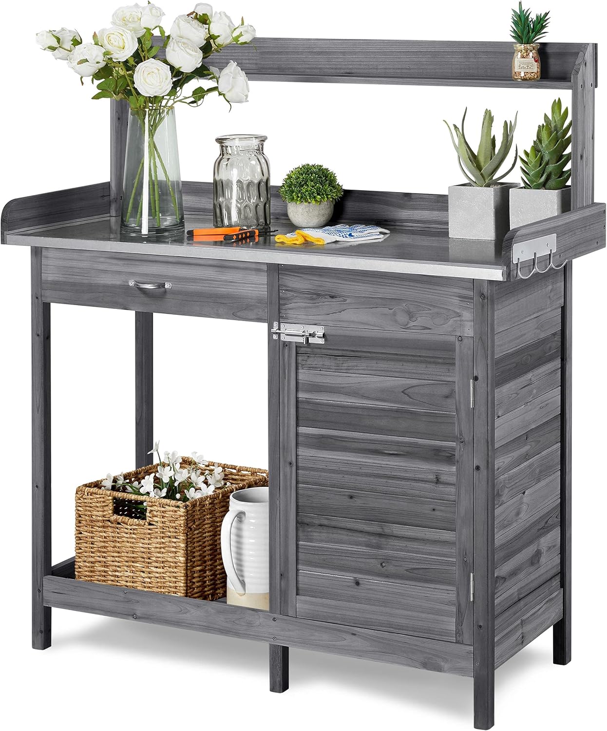 Topeakmart Garden Potting Bench Wooden Workstation Outdoor Wooden Potting Table W/Top Shelf & Lower Shelf & Cabinet Drawer & Open Shelf Gray