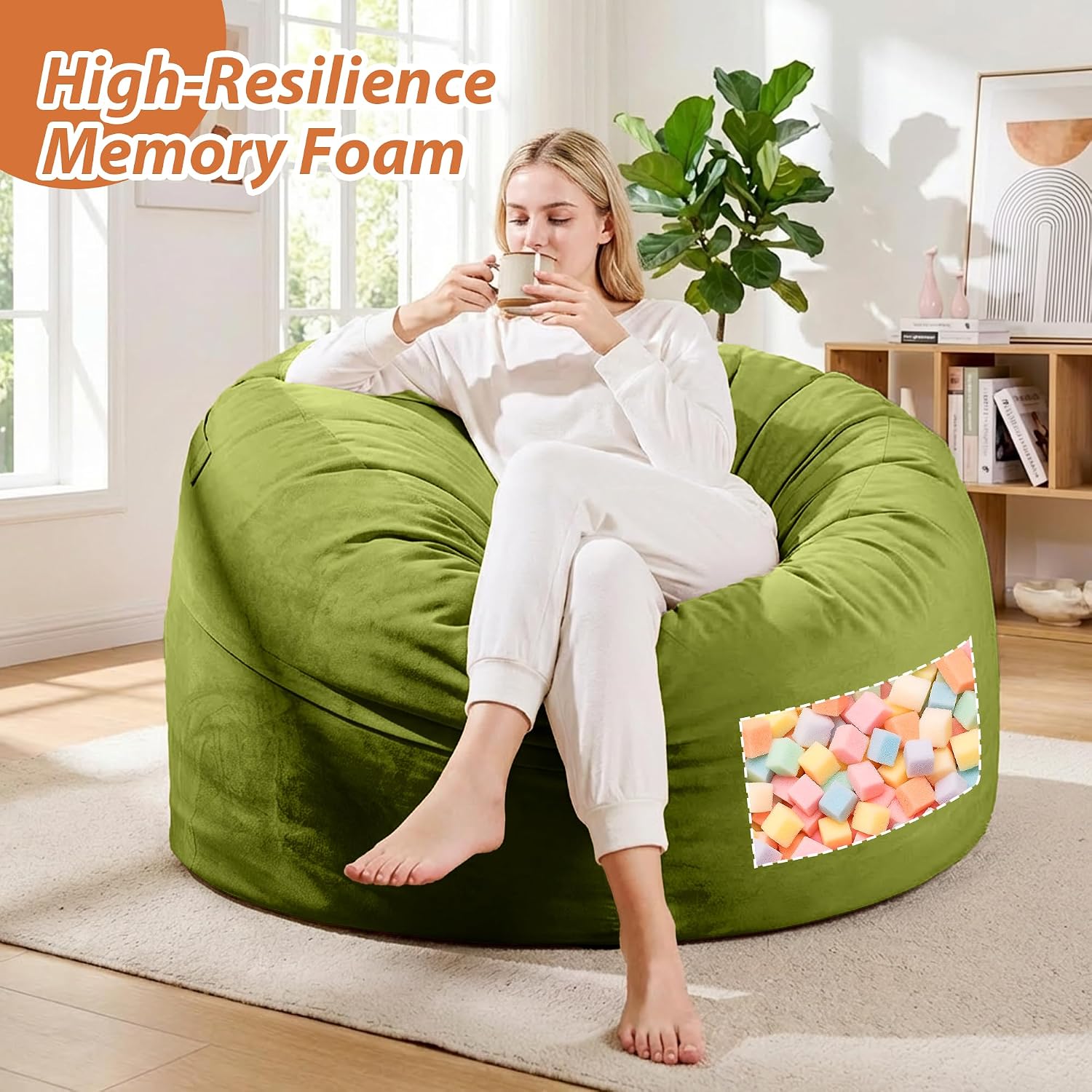 4FT Bean Bag Chair, Bean Bag with Velvet Cover, Fluffy and Comfy Bean Bag Chairs for Adults and Kids, Bean Bag Sofa Filled with High-Density Sponge for Gaming (Mint Green - Taller Version)