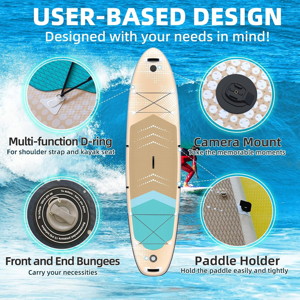 Inflatable 10.5' Stand Up Paddle Board with Strapped Seat, Premium SUP Board Kit, Includes Paddle, Pump, Backpack, Waterproof Bag, Perfect for Yoga, Fishing, and Surfing, Orange & Blue