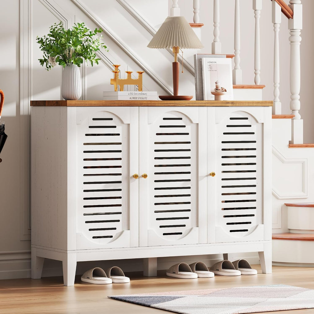 Vlsrka Shoe Cabinet with 3 Doors, Narrow Wooden Shoe Cabinet, Hidden Shoe Storage for Entryway, Foyer, Hallway (White C)