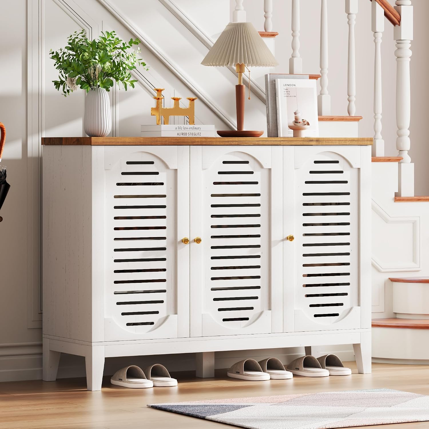 Vlsrka Shoe Cabinet with 3 Doors, Narrow Wooden Shoe Cabinet, Hidden Shoe Storage for Entryway, Foyer, Hallway (White C)