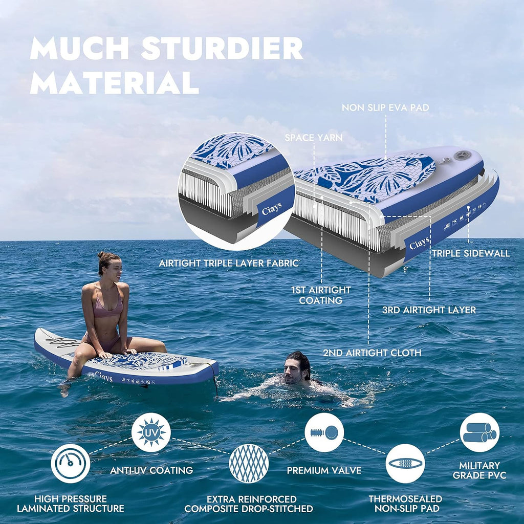 Ciays Inflatable Stand Up Paddle Board W SUP Accessories of Backpack, 2 Fins, 2 Bags, Leash, Floating Paddles and Double Action Hand Pump All-Around Paddleboard Perfect for Yoga, Tour, Fishing
