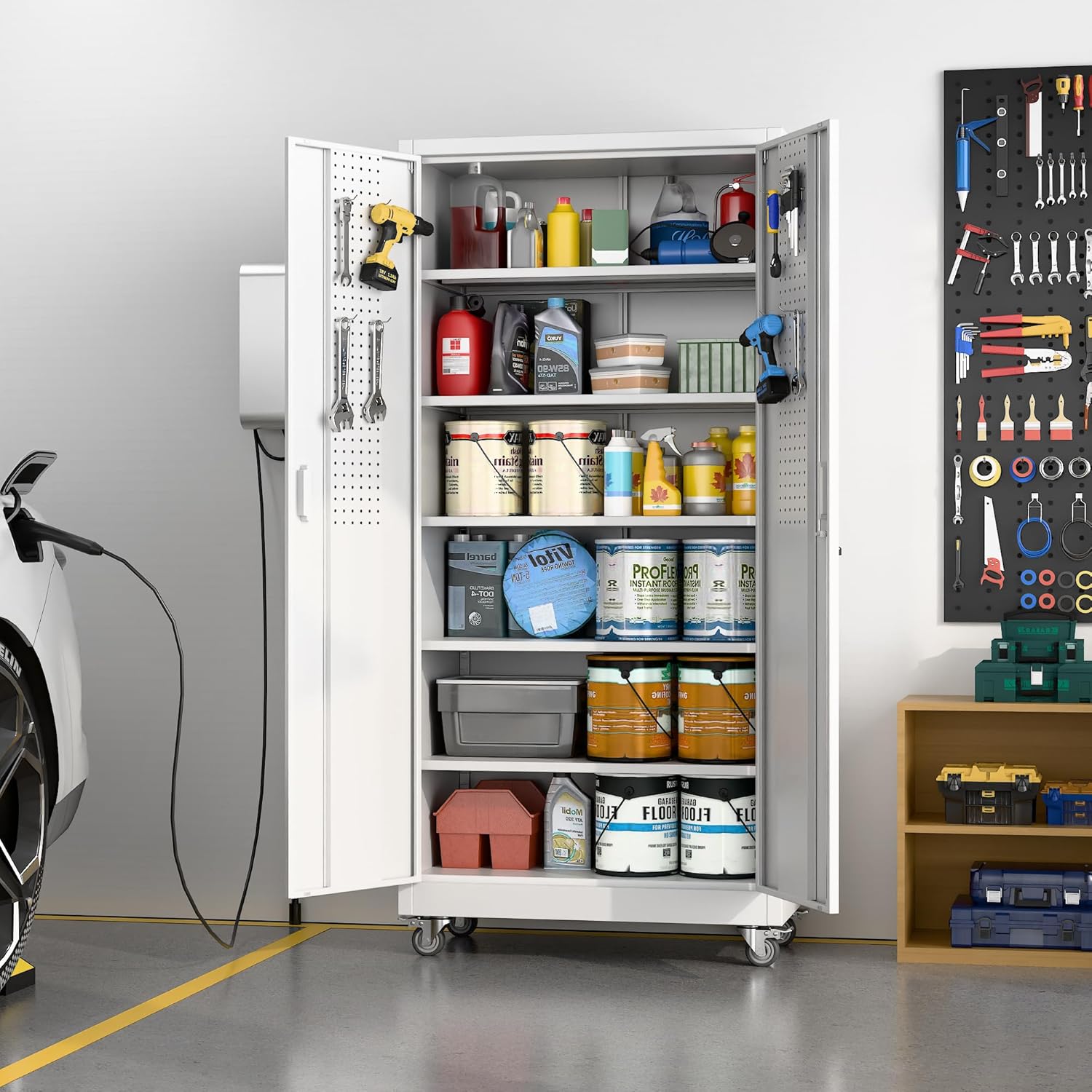 71' Tall Rolling Metal Storage Cabinet with Locking Doors, White Heavy Duty Tool Cabinet with Wheels, 5 Adjustable Shelves & Pegboards for, Workshop, Garage, Warehouse, Assembly Required