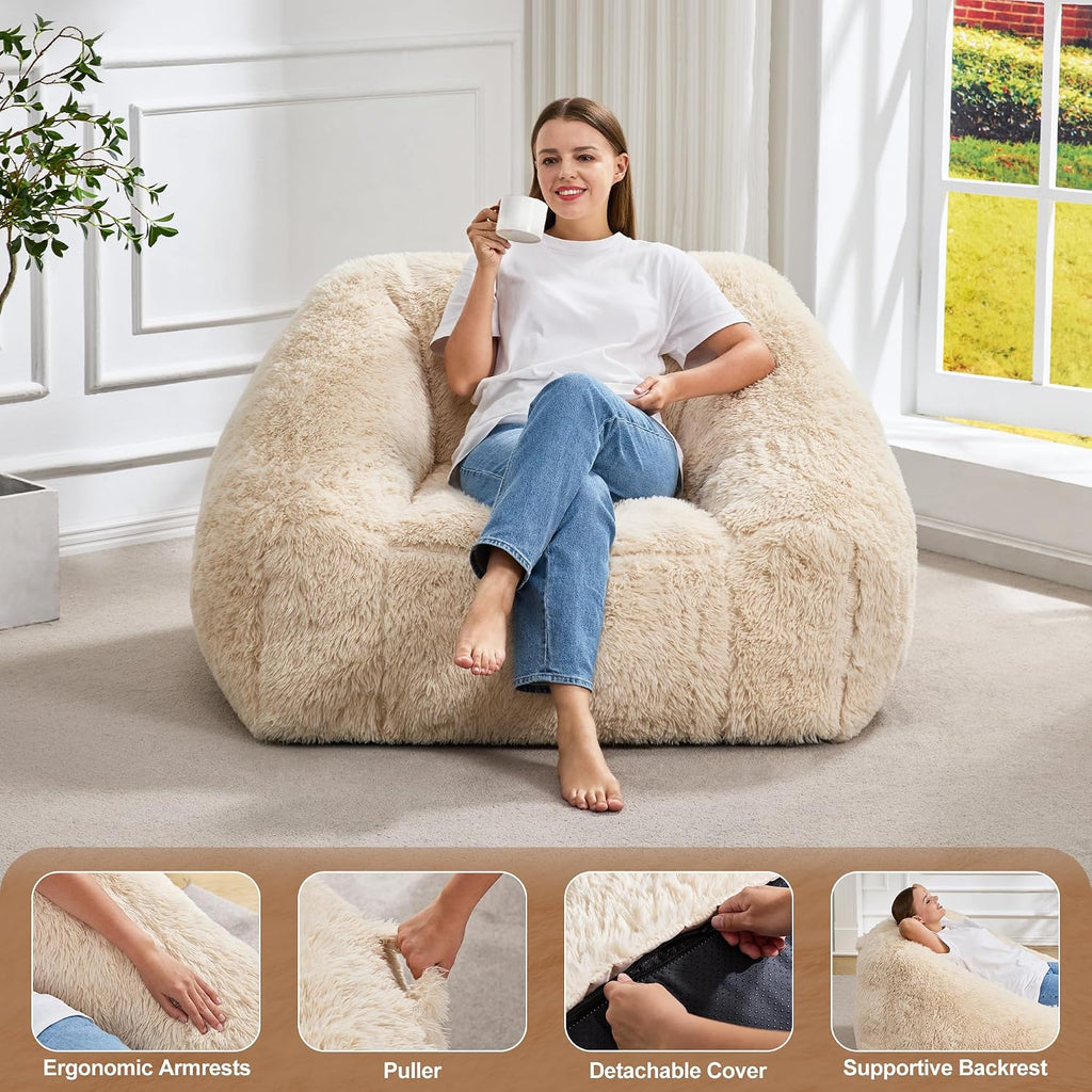 Hobestluk Giant Bean Bag Chair Memory Foam Filled Sofa Chair Bean Bag for Adults/Teens/Kids, Plush Fur Oversized Lazy Sofa for Living Room Bedroom Dorm(Beige)