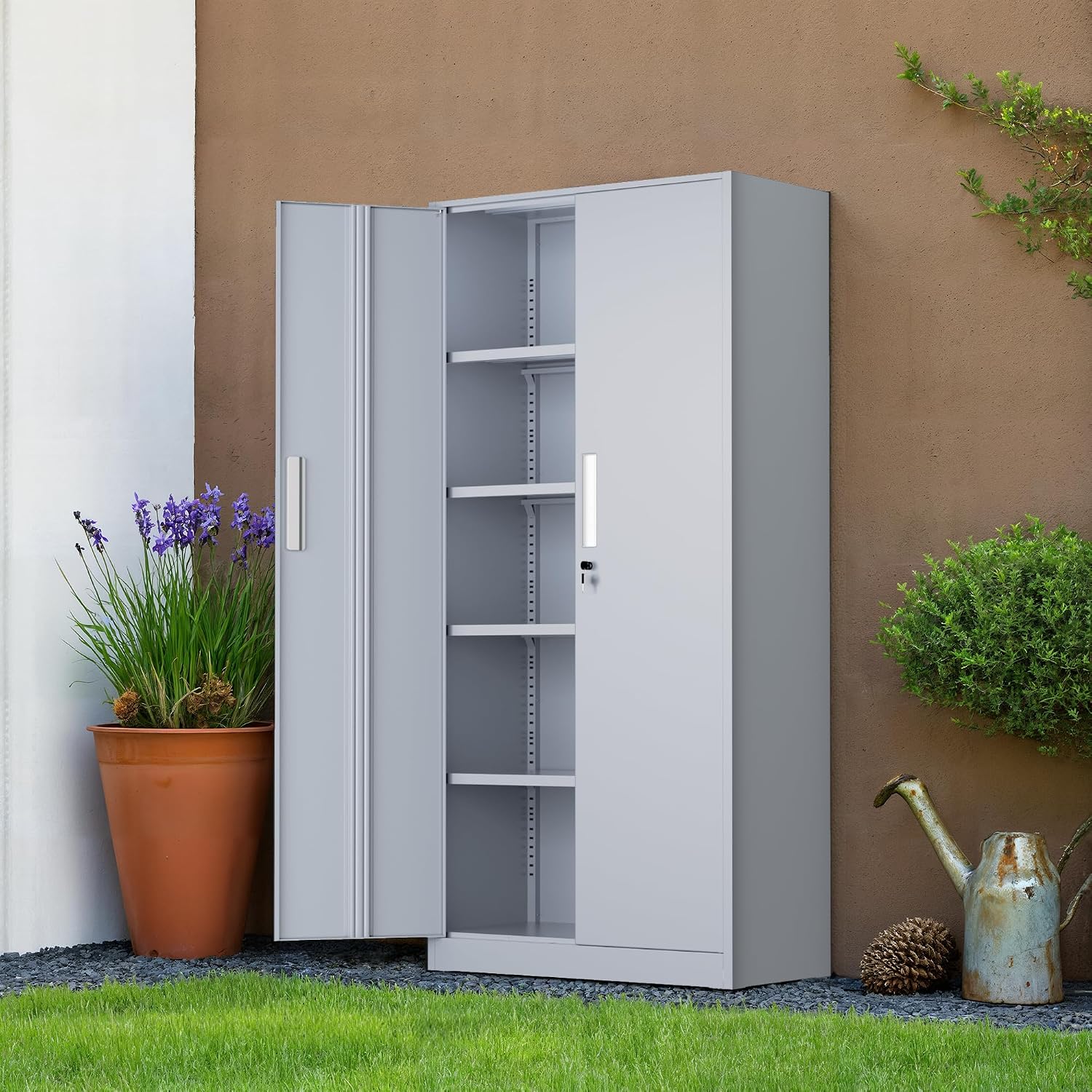 Incbruce 72' H x16 D Patio Metal Storage Cabinet, Outdoor Storage Cabinet with Doors and Adjustable Shelves, Tool Shed for Home, Patio, Office (Grey)