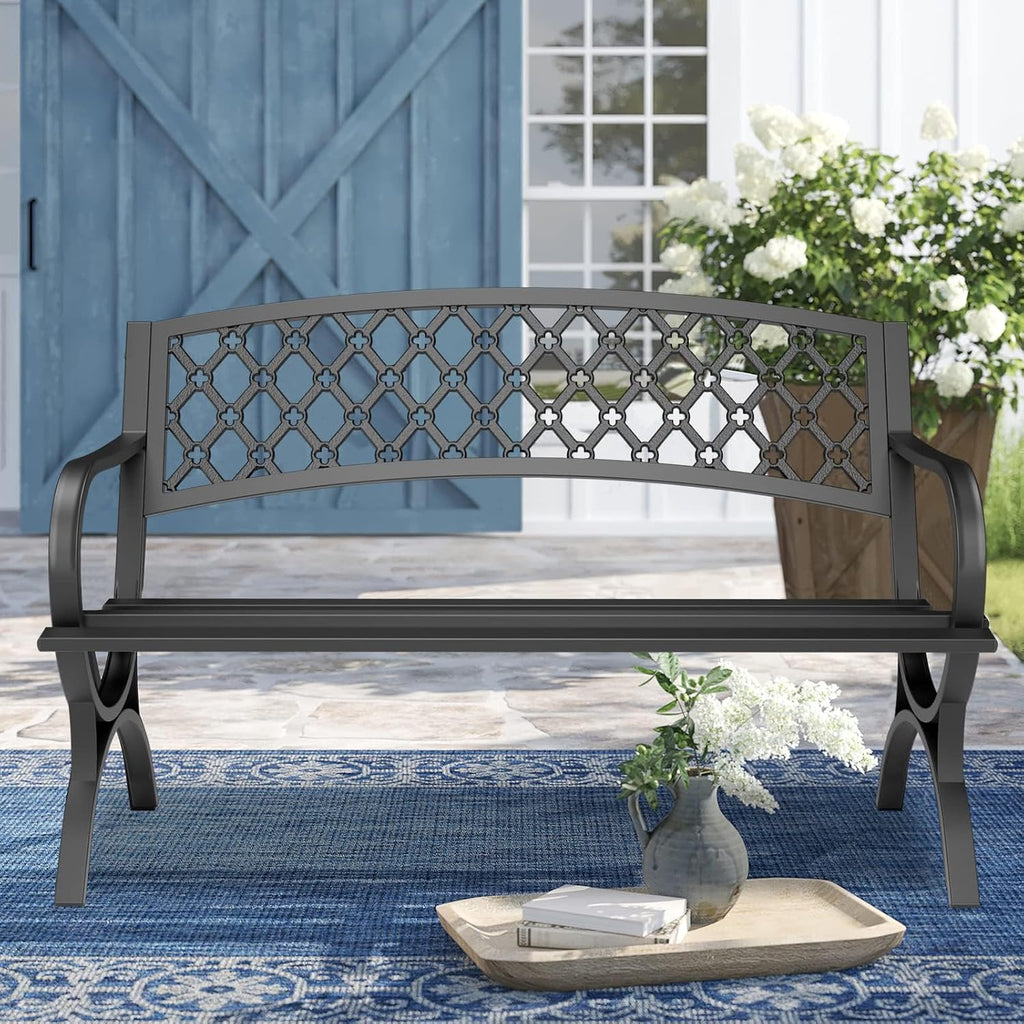 Outdoor Bench Garden Benchs, Weatherproof Anti-Rust Heavy-Duty Outside Bench Clearance, Wrought Iron Metal Bench for Front Porch, Patio, Park, Ergonomic Backrest, Slatted Seat