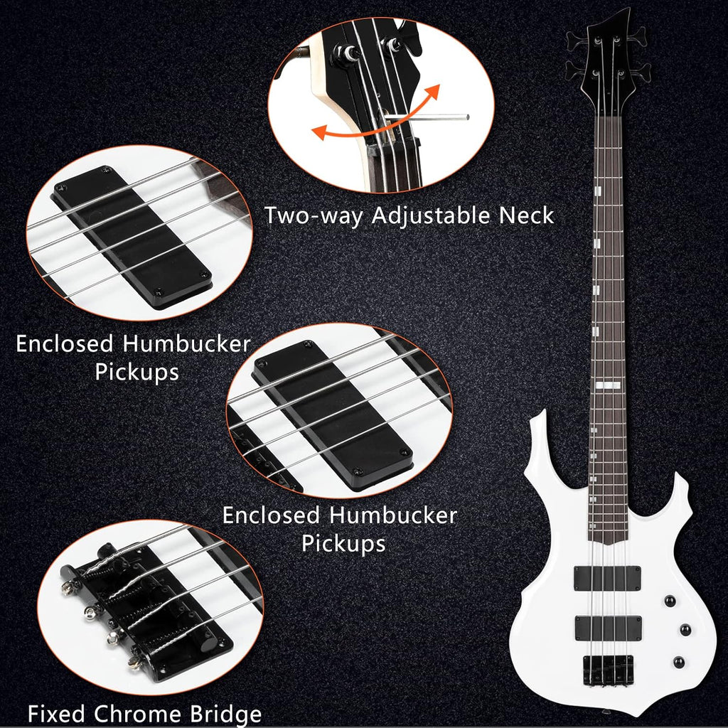Ktaxon Electric Bass Guitar Full Size Flame Design Bass Set with 20 Watt Amplifier, Portable Bass Bag, Superior Amp Wire, Adjustable Guitar Strap, Plectrum, Wrench Tool(White)