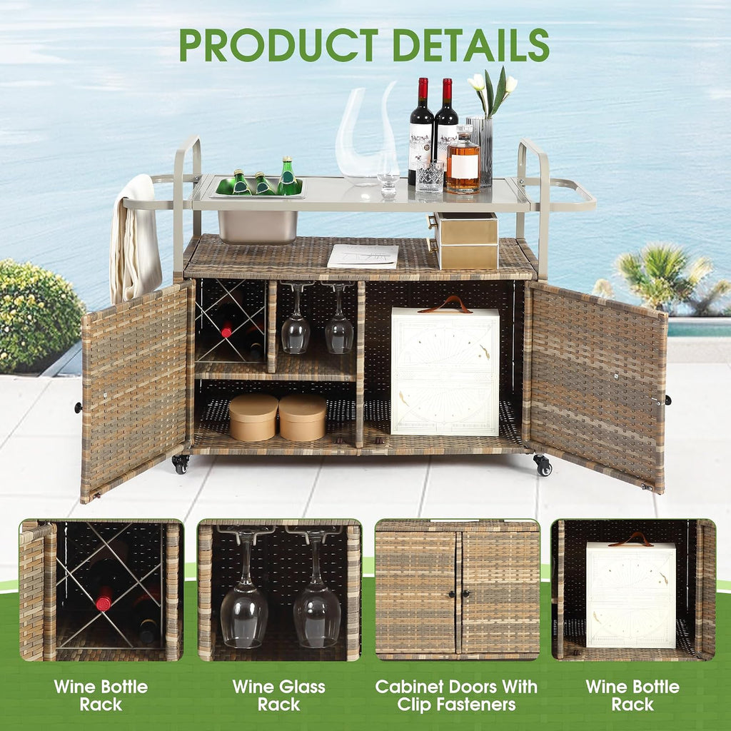 HOMEFUN Outdoor Kitchen Island Wicker Serving Console Cart & Grill Bar Table Waterproof with Wheels and Ice Bucket Backyard and BBQ Prep, Brown