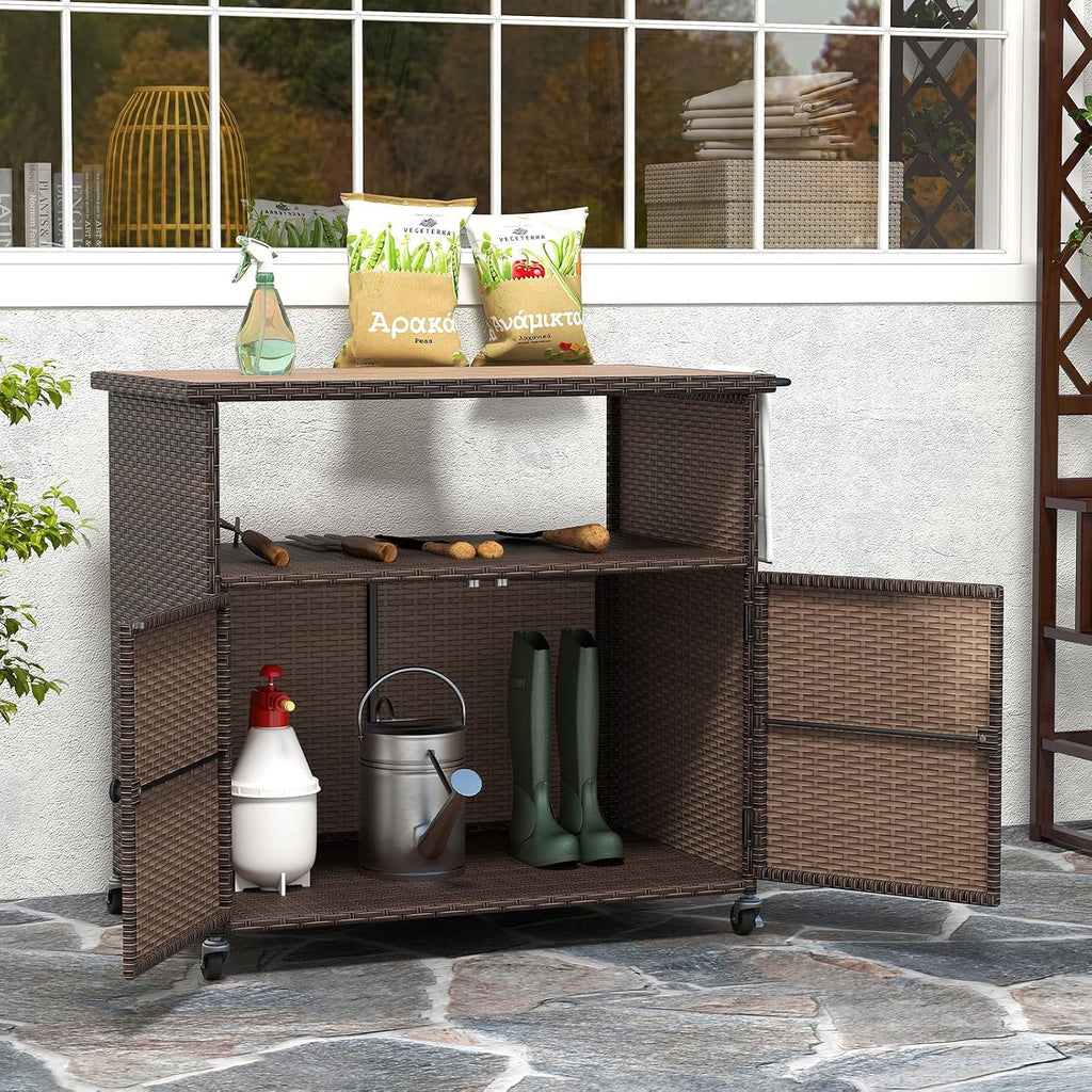 HAPPYGRILL Outdoor Storage Cabinet with Wheels, PE Rattan Patio Buffet Sideboard Bar Cart for Garden, Backyard & Poolside