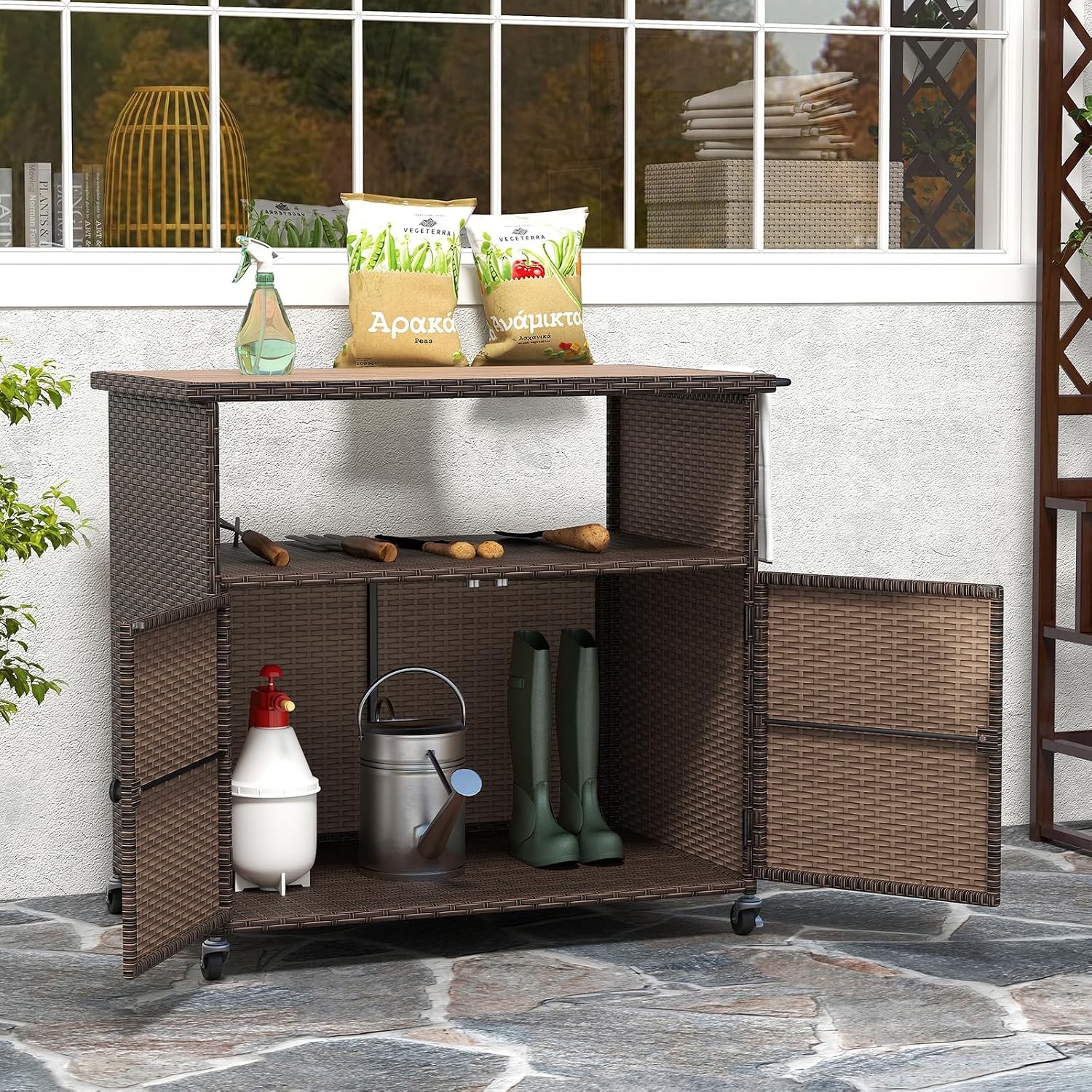 HAPPYGRILL Outdoor Storage Cabinet with Wheels, PE Rattan Patio Buffet Sideboard Bar Cart for Garden, Backyard & Poolside