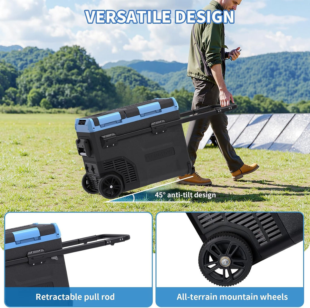 45L Dual Zone Car Refrigerator Freezer, -4℉~68℉, 48Qt Compressor Cooler with Reversible Door, Metal Handle, Dual Battery Slot, 100–240V AC / 12V / 24V DC Powered, LED Light – Ice Blue