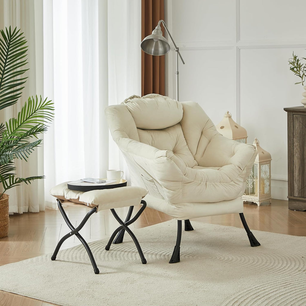 HollyHOME Lazy Chair with Foldable Ottoman, Accent Comfy Lounge Armchair and Folding Footrest Stool, Leisure Sofa Reading Chair and Footstool for Living Room, Bedroom, Dorm,Velvet Beige