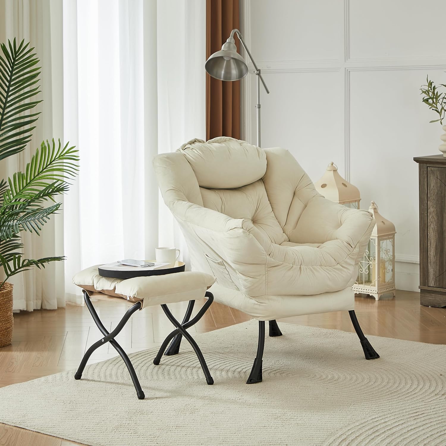 HollyHOME Lazy Chair with Foldable Ottoman, Accent Comfy Lounge Armchair and Folding Footrest Stool, Leisure Sofa Reading Chair and Footstool for Living Room, Bedroom, Dorm,Velvet Beige