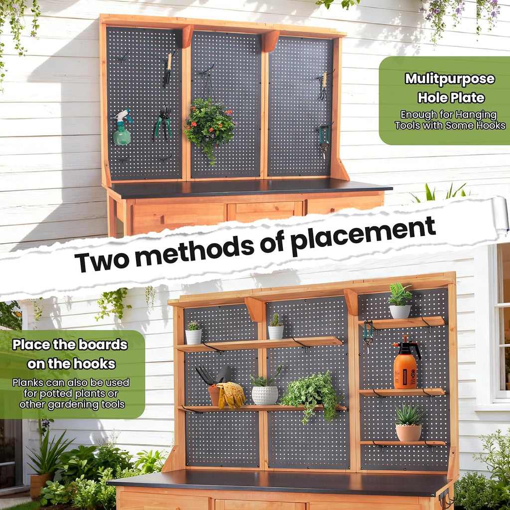 Wooden Outdoor Potting Bench with Pegboard, Storage Cabinet & Black Metal Top - Garden Table for Patio/Backyard