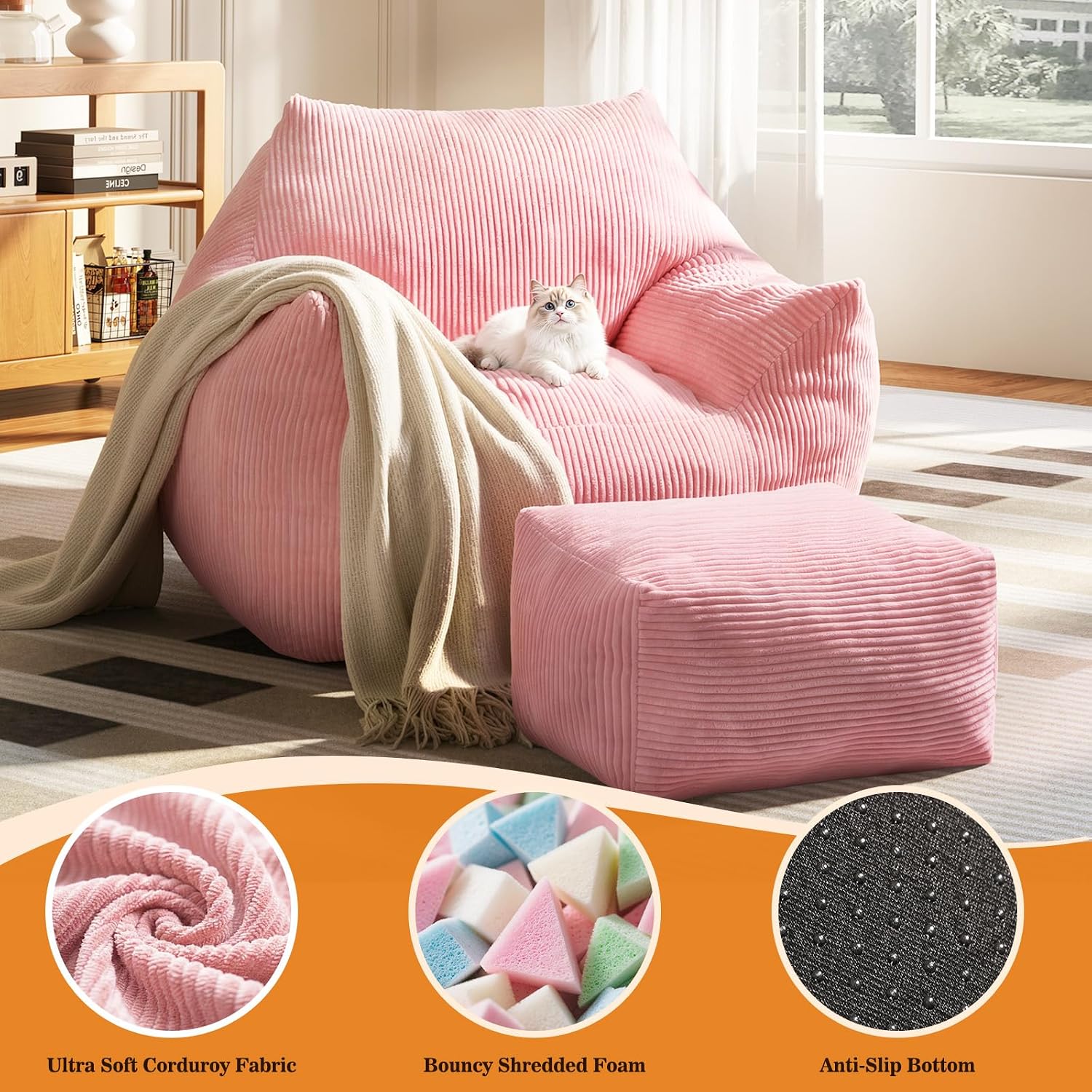 Big Bean Bag Chair for Adults, Ultra Soft Living Room Bean Bag with Armrests & Ottoman, Stuffed BeanBag Chair for Napping, Gaming, Vacuum-Compressed for Easy Gifting, 48h to Expand, Pink