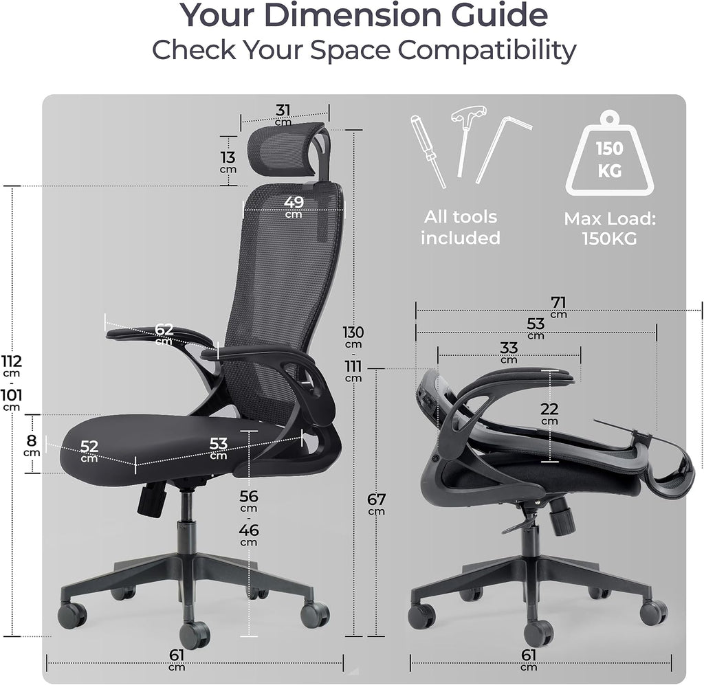 Tervo Model U | Folding Office Chair for Small Spaces | Gaming Chair for Adults & Kids | Ergonomic Mesh Computer Chair for Bedroom | Foldable Desk Chair for Home Work (Midnight Black Headrest)
