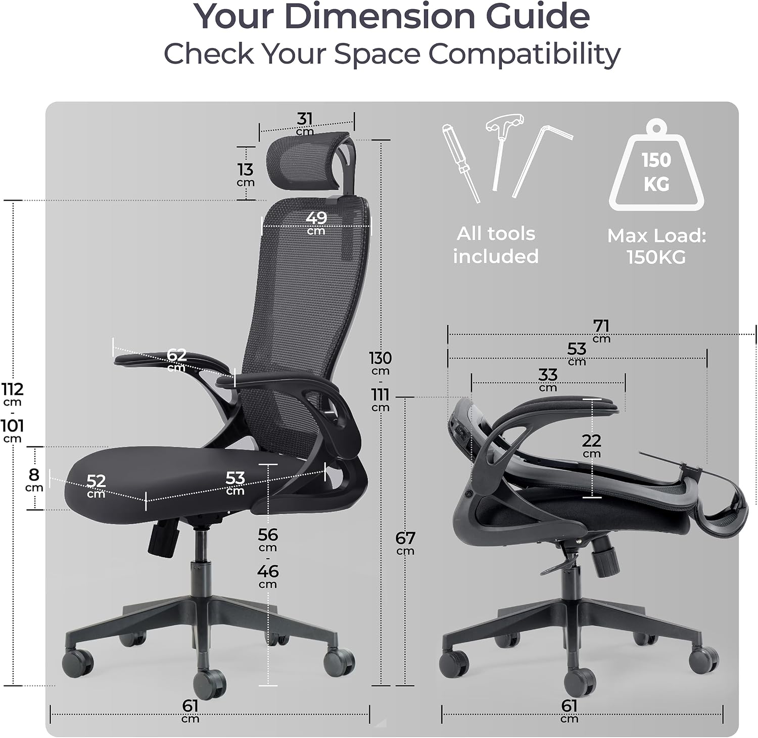 Tervo Model U | Folding Office Chair for Small Spaces | Gaming Chair for Adults & Kids | Ergonomic Mesh Computer Chair for Bedroom | Foldable Desk Chair for Home Work (Midnight Black Headrest)
