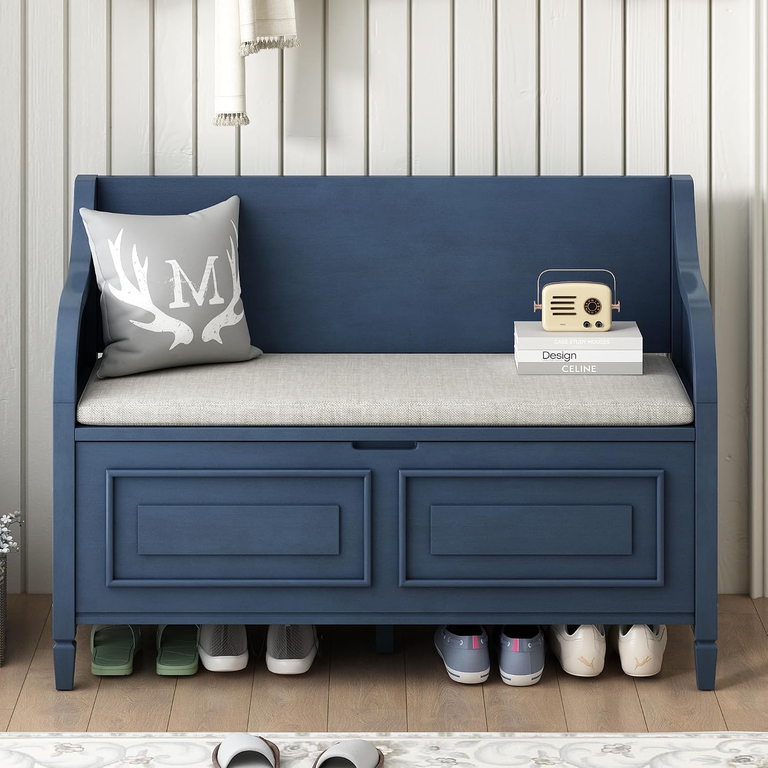 Bellemave Storage Bench with Safety Hinge Wooden Entryway Benches with Shoe Cabinets Under Seat Multifunctional Storage Bench for Entryway, Foyer or a Mudroom (Antique Navy+ Beige)
