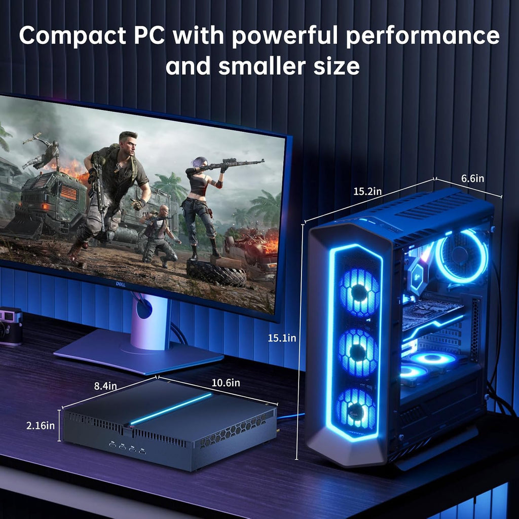 Mini PC Gaming, Desktop Computer i9-14900F 24 Cores Upto 5.8GHz, 32G DDR5, 1T M.2 PCIE4.0 SSD, Windows 11 Pro, GeForce RTX4070 12G, Four Display, 8K@60Hz Outputs, Dual LAN, WiFi6E/BT5.3