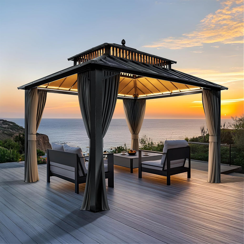 SUNJOY Kingston 12' x 10' Hardtop Gazebo with Galvanized Steel Double Roof, Curtain and Netting, Gray Aluminum Posts Permanent Pavilion Gazebo for Garden, Patio, Deck, Lawn