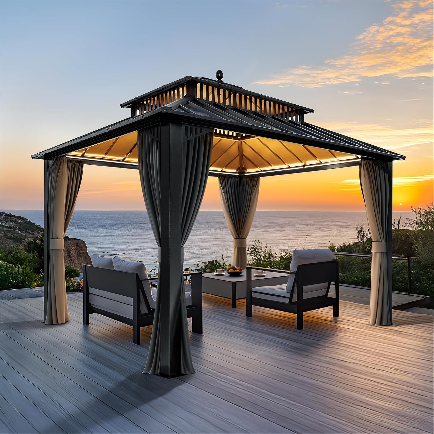 SUNJOY Kingston 12' x 10' Hardtop Gazebo with Galvanized Steel Double Roof, Curtain and Netting, Gray Aluminum Posts Permanent Pavilion Gazebo for Garden, Patio, Deck, Lawn