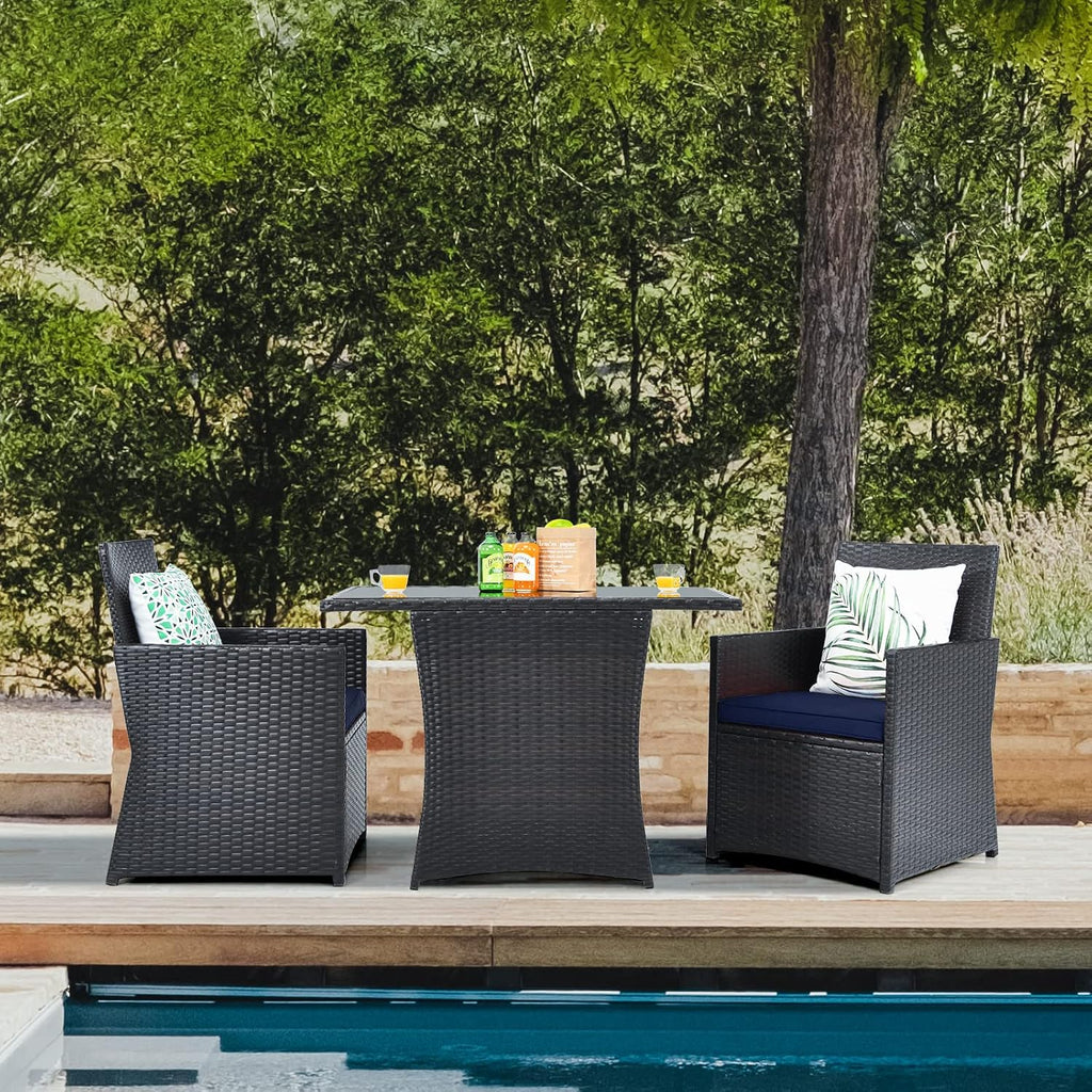 HAPPYGRILL 3 Piece Patio Furniture Set, Outdoor PE Rattan Wicker Bistro Set with Washable Cushions & Tempered Glass Table, for Backyard Porch Garden Balcony Poolside