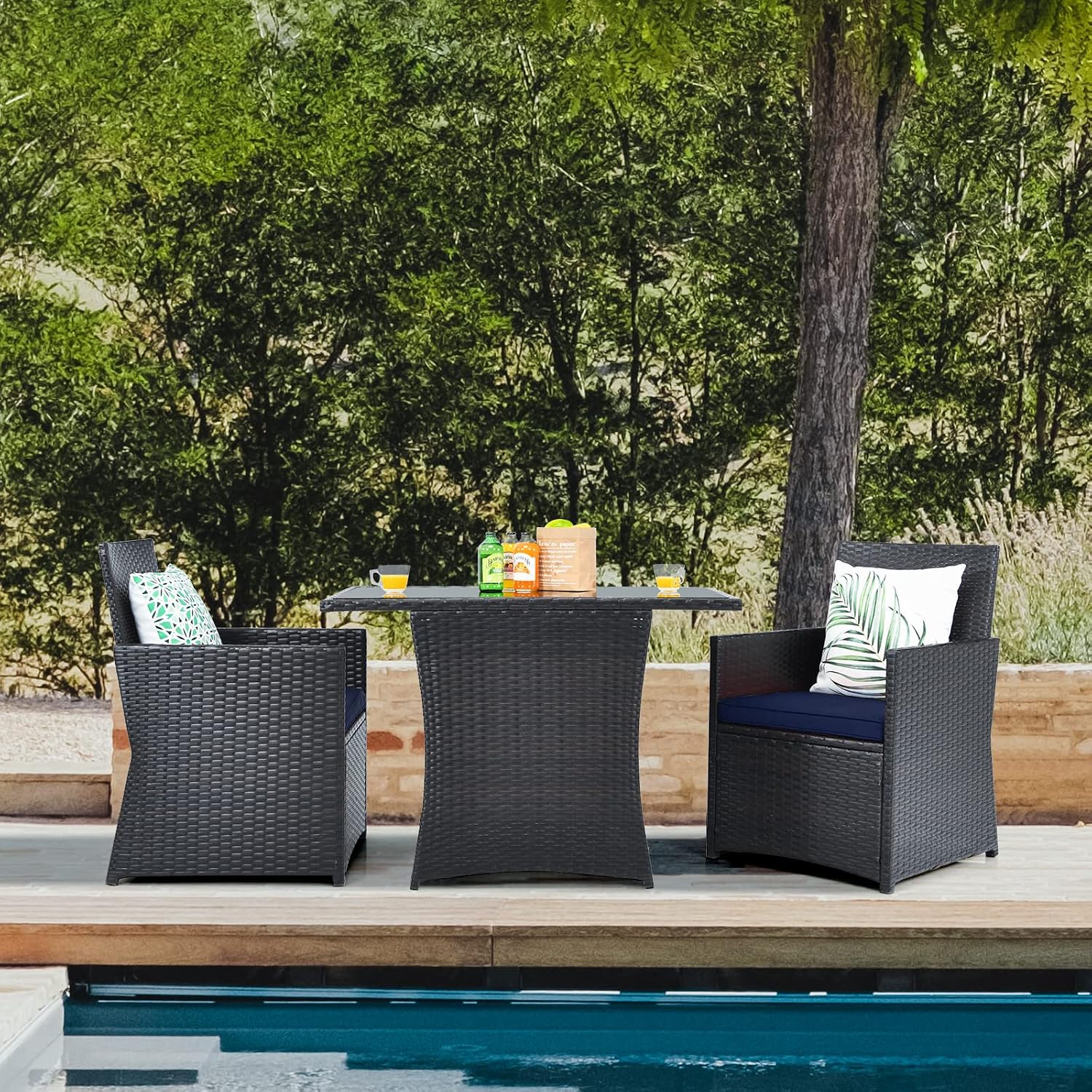 HAPPYGRILL 3 Piece Patio Furniture Set, Outdoor PE Rattan Wicker Bistro Set with Washable Cushions & Tempered Glass Table, for Backyard Porch Garden Balcony Poolside