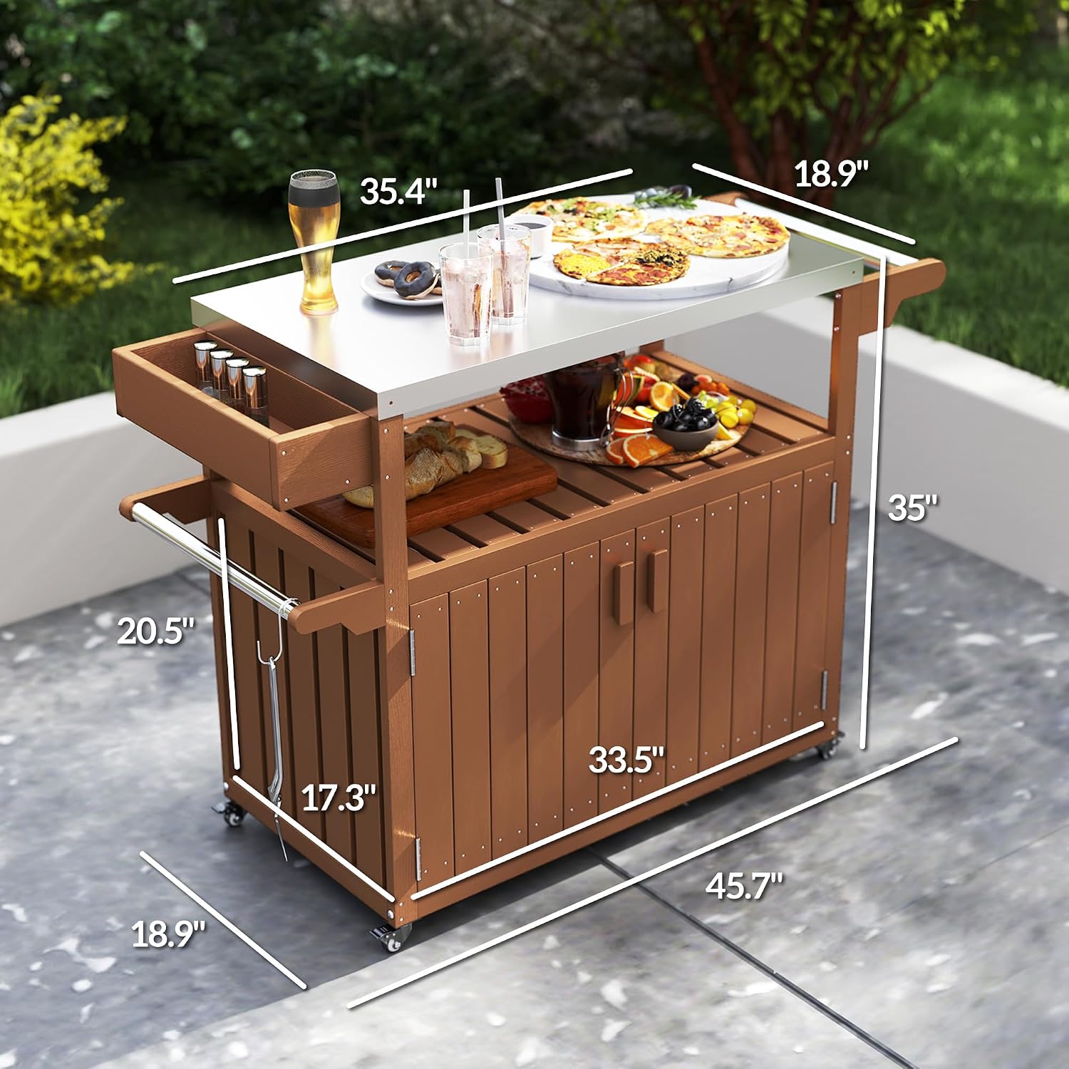 Outsunny Outdoor Bar Cart with Storage Cabinet, Stainless Steel Top Kitchen Island on Wheels, HDPE Outdoor Bar Table, Movable Patio Beverage Food Prep Table for BBQ Picnic, Brown