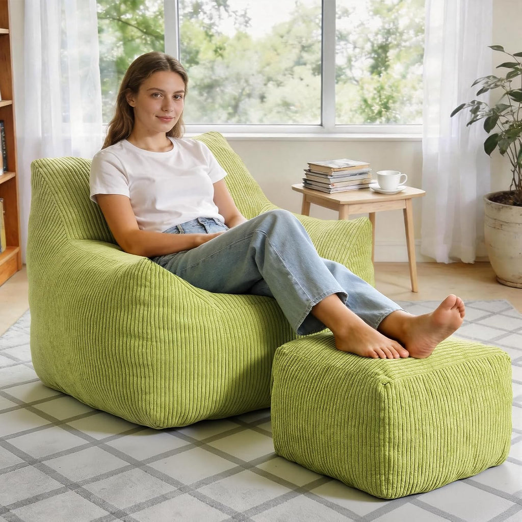 INMOZATA Bean Bag Chair, Beanbag Chair with Ottoman, Cloud Boneless Couch for Adults & Teens, Oversized Memory Foam Beanbag Set, Plush Corduroy Lounge Sofa Gift (Green)