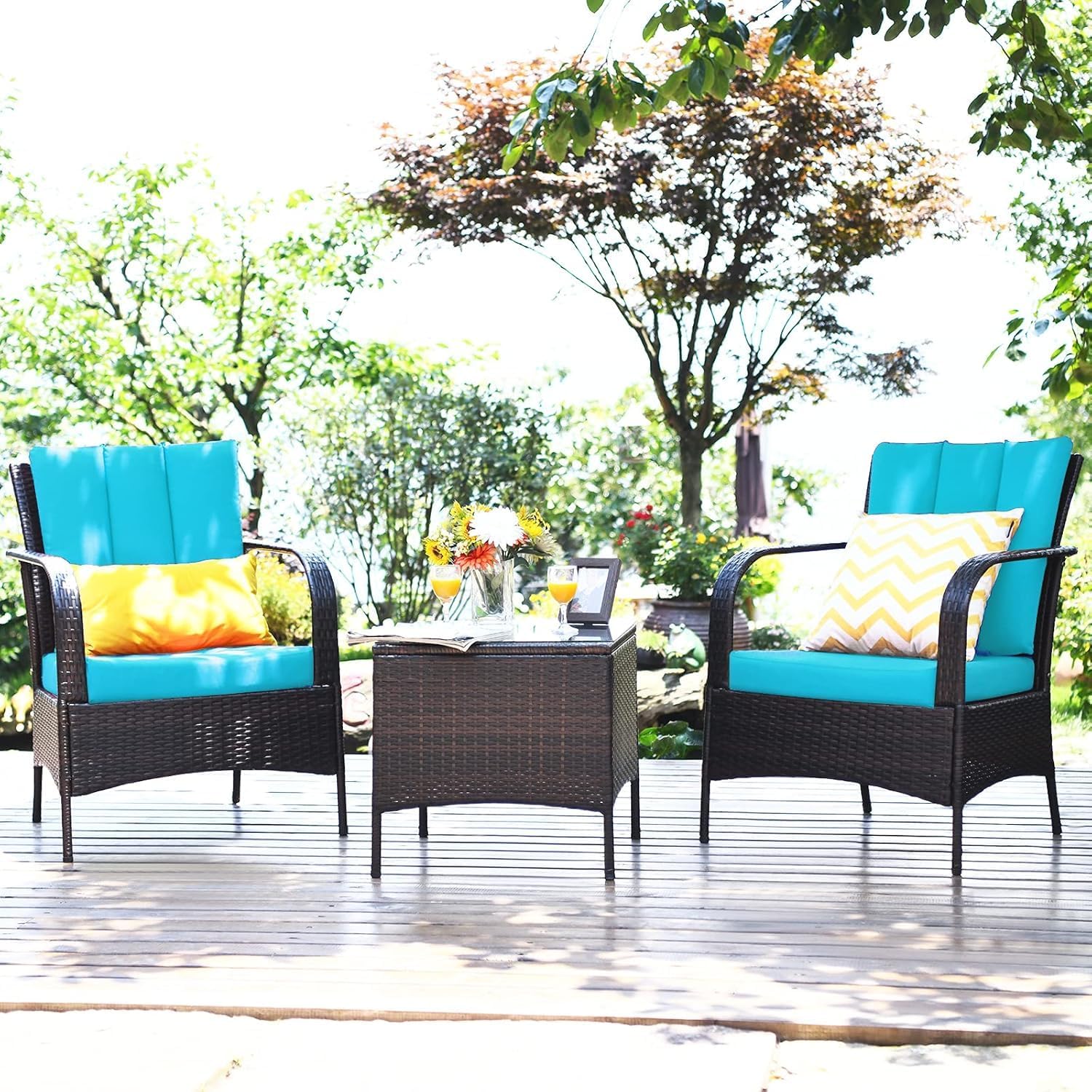 COSTWAY 3 Pieces Patio Rattan Furniture Set, Outdoor Conversation Chair Set with Coffee Table & 2 Cushions for Backyard, Porch, Poolside, Lawn, Garden, Turquoise